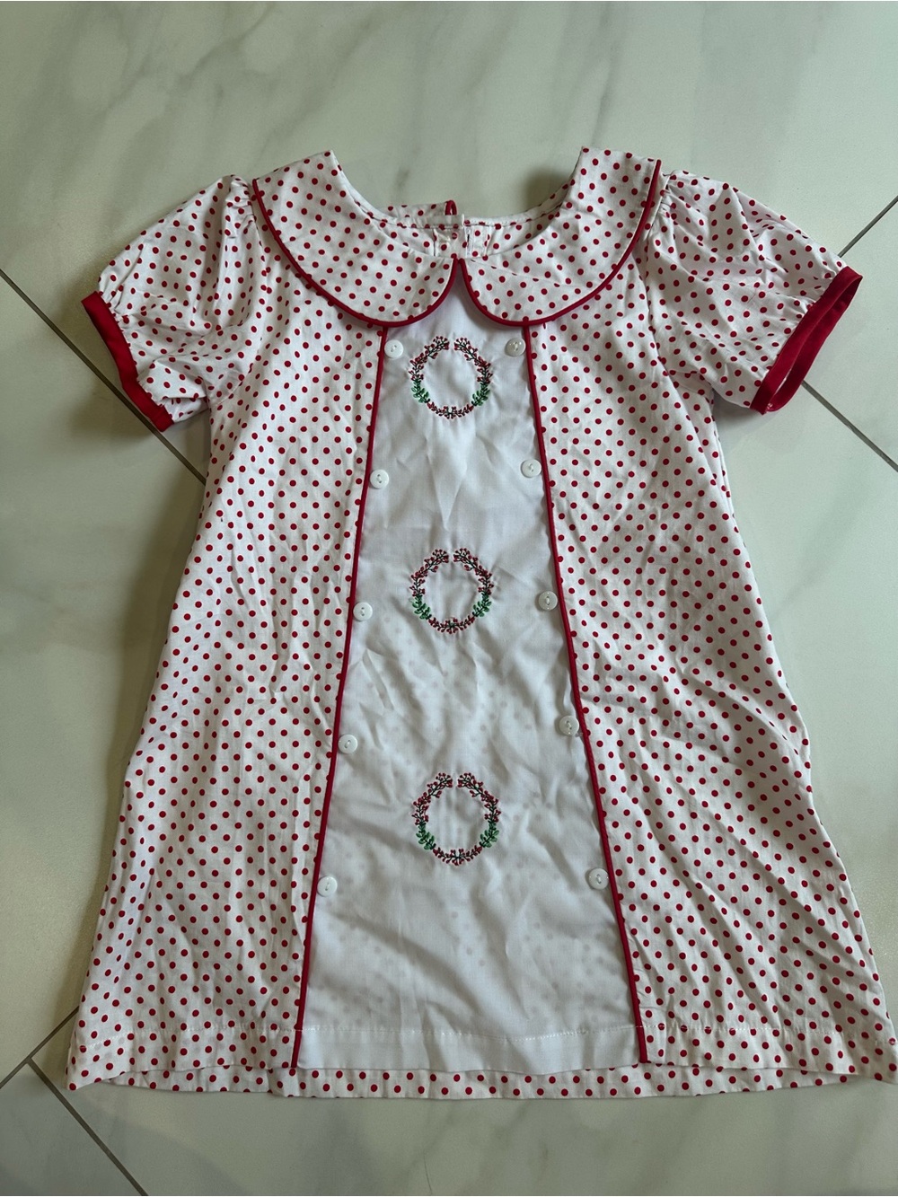 Toddler Girl Red Polka Dot Smocked Wreath Christmas Dress 3T